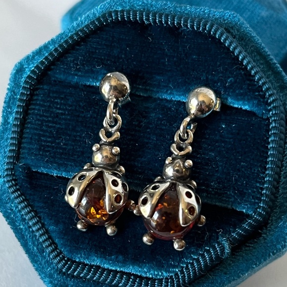 Vintage Sterling Silver and Baltic Amber Ladybug Earrings - Picture 1 of 7